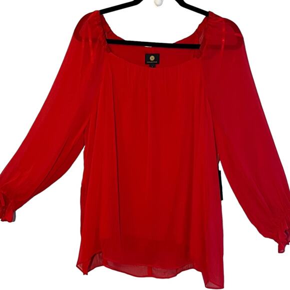 JM Collection Women's Solid Tiered Chiffon Blouse Top, Red, Size Large - Picture 1 of 15